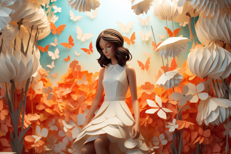 A girl in a white dress in a paper world.の素材