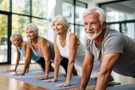 Elderly people do stretching in the gym.の素材