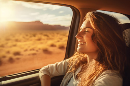 A woman rides in a car and enjoys the views of the desert. Auto travel. Car trip.の素材