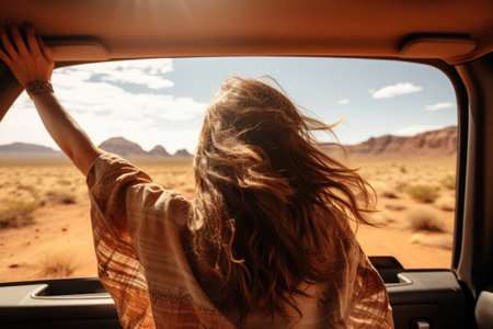 A woman rides in a car and enjoys the views of the desert. Auto travel. Car trip.の素材