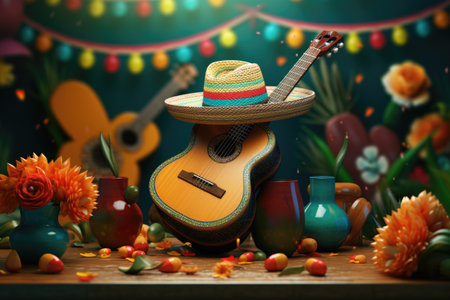 Cinco de Mayo. A composition of sombreros, guitar and flowers.の素材