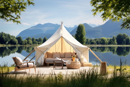Camping tent on the shore of a lake with mountains in the backgroundの素材