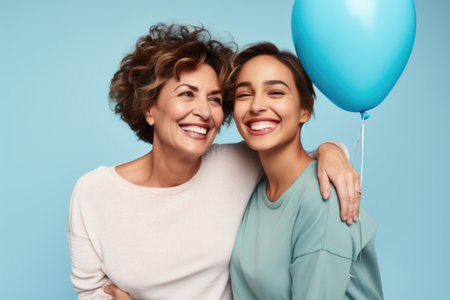 An elderly woman and a young girl. Mom and daughter are smiling.の素材