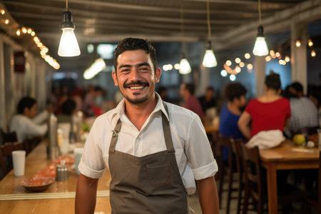A Latin American man smiles at the camera against the background of a bar, cafe.の素材
