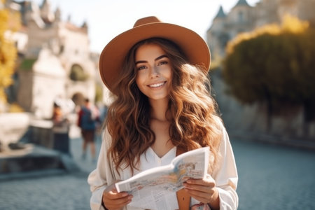 A young girl in an unfamiliar city is studying a map. Tourism.の素材