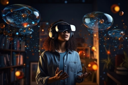 A black girl in virtual reality glasses.の素材