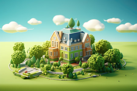 3d image of a school, campus, university, educational institution, green plants.の素材