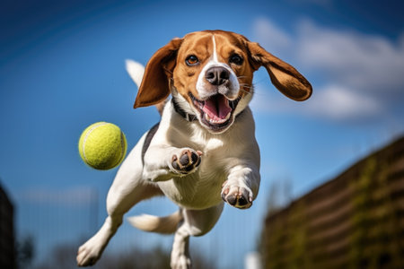 A beagle dog is jumping after a ball. A beagle dog is jumping after a ball. Tongue sticking out.の素材