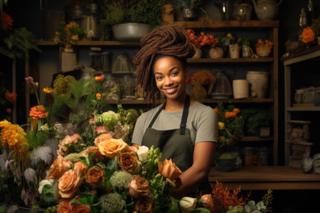 A black female florist in the workplace smiles with flowers.の素材