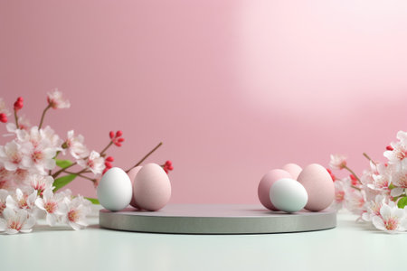 Easter scene with eggs and flowers for advertising. A podium for display products. Happy Easter.の素材