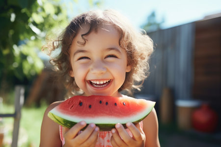 A joyful little girl eats watermelon in nature and smiles. Summer.の素材