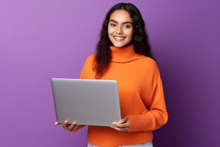 A girl with a laptop in an orange sweater on a solid purple background.の素材
