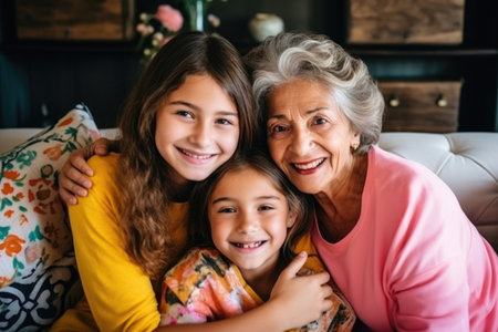 An elderly woman is sitting in an embrace with her granddaughters.の素材