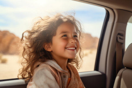 A little girl rides in a car and enjoys the views of the desert. Auto travel. Car trip.の素材