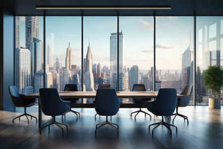 Modern conference room interior with panoramic city view and daylight.の素材
