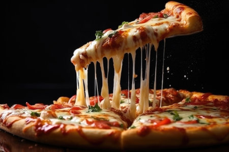 Delicious pizza with stretching cheese on a black background with fire and smoke.の素材