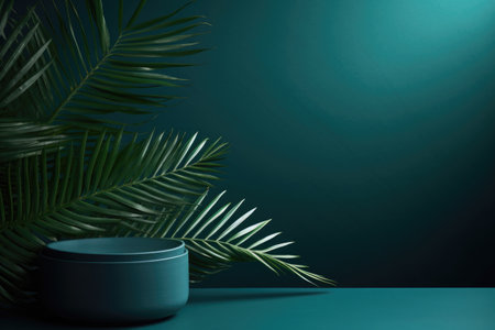 A podium, a pedestal, a stage for advertising cosmetics products. Summer tropical with leaves podium, vacation, vacation.の素材