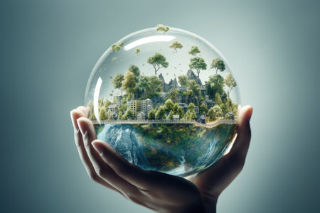 Eco city concept in glass sphere. Close up of human hands holding planet earth with green city in it.の素材