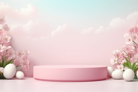 Easter scene with eggs and flowers for advertising. A podium for display products. Happy Easter.の素材