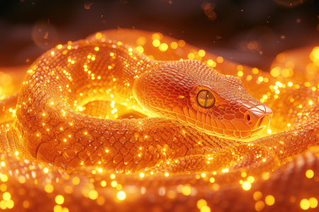 An illustration for the year of the snake. A cute snake. autumn. A golden sparkling snake made of crystals.の素材