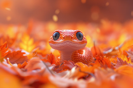 Calendar illustration of a snake hidden in autumn leaves, symbolizing the year of the snake.の素材