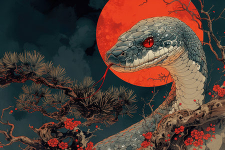 2025 calendar illustration: snake amidst sakura flowers against a full moon, reflecting the year of the snake.の素材