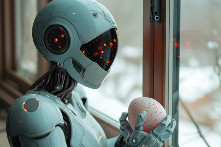 A robot examining an easter egg against a backdrop of nature indoorsの素材