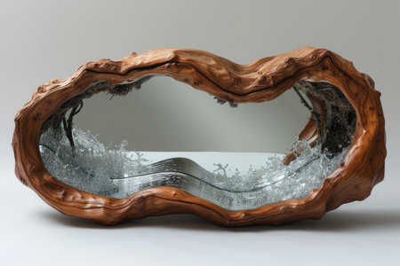 Wooden sculpture with a wave-like aperture containing a glass element mimicking a waterfall and water, against a light wall backdropの素材