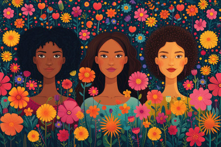 Illustration of three women with various flowers in their hair.の素材