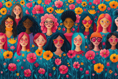Illustration of diverse female portraits against a floral background.の素材