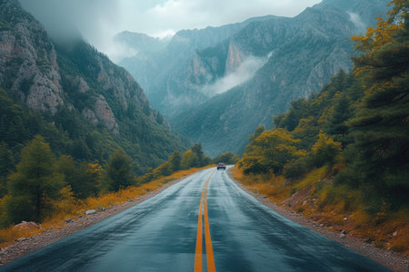 Car on a wet road amidst mountain fogの素材