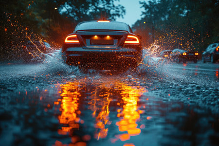 Car driving through puddles on a rainy street in the evening.の素材