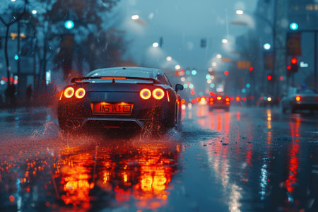 Car driving through puddles on a rainy street in the evening.の素材