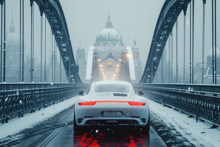 White sports car on a bridge during a winter snowfallの素材