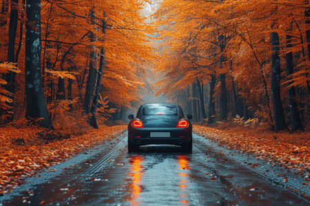car on a road in an autumn forest with golden leavesの素材