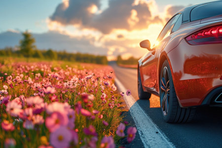 Sports car on a road by a flower field at sunsetの素材