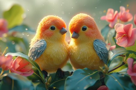 Two birds with bright orange plumage perched on a branch among flowersの素材