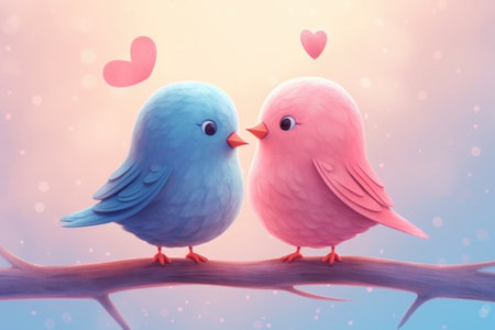 Two birds in love, one pink, the other blue, gaze at each other with hearts and a dusky sky in the background.の素材