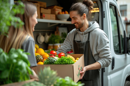 A delivery man with a box of vibrant vegetables shares a smile with a customer, promoting a personal touch in local produce deliveryの素材
