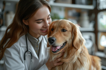 A smiling veterinarian in a white coat pets a happy golden retriever in a brightly lit veterinary office.の素材
