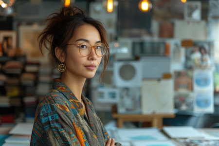 Young female designer with a confident smile surrounded by sketches and projects in a bright art studioの素材