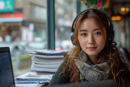 An Asian student with headphones takes a break, smiling at the camera against the backdrop of study materials and an urban landscape.の素材