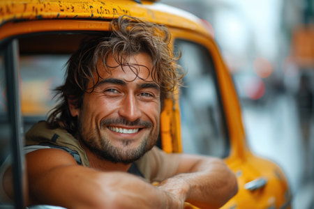 male taxi driver with a beaming smile and an optimistic gaze looks out from the window of his bright yellow cab on bustling city streetの素材