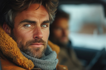 A close-up of a man with thick dark eyebrows and piercing eyes, dressed in winter clothing featuring soft textures of wool and fleece.の素材