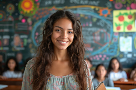 A joyous young student with radiant curly hair holds a book, smiling in front of a vividly colored classroom blackboard filled with educational drawings.の素材