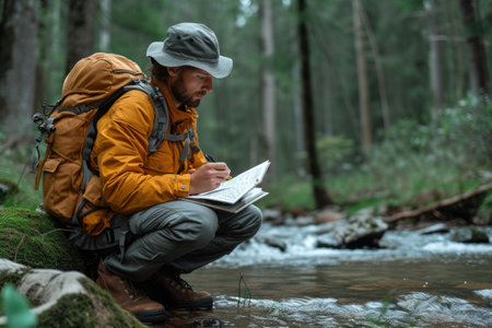 A focused biologist in trekking attire is squatting by a stream, deeply engrossed in taking notes, with the serene backdrop of a dense forest emphasizing his field activity.の素材