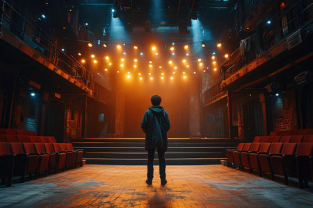 A solitary figure stands center stage in an empty theater, surrounded by the warm glow of stage lights, with rows of empty seats in the foregroundの素材