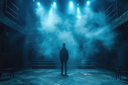 A lone artist stands on a smoky theater stage, illuminated by bright overhead lights that cast an ethereal glow over the dramatic and moody settingの素材