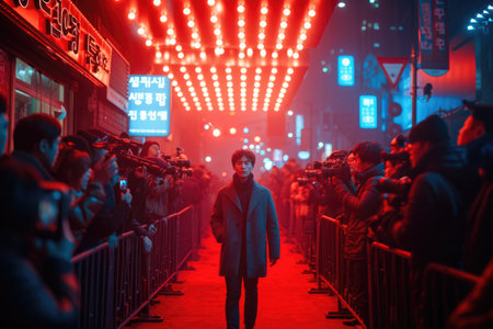 A star caught in a moment of fame, with paparazzi cameras flashing, as they walk confidently down the red carpet, encapsulated by the vibrant neon city lights.の素材