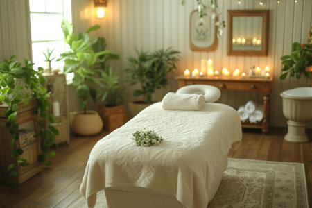 Serene massage room with a white bed, fresh flowers, and soft lighting, surrounded by green plants and warm candlelightの素材